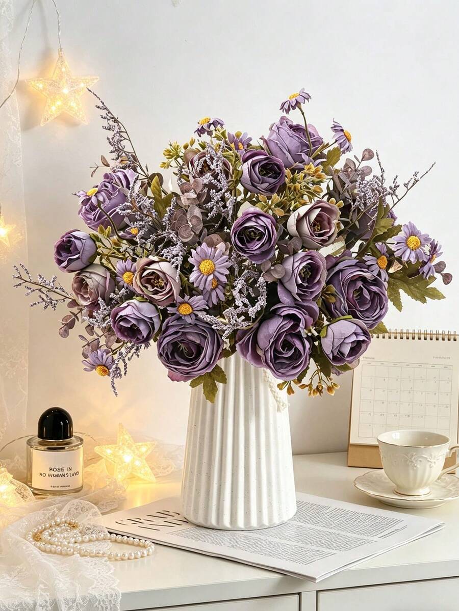 1支仿真玫瑰向日葵花束，玫瑰雏菊花束，DIY婚礼装饰花环材料，新娘手捧花，手腕花，胸花，头饰装饰配件，婚车装饰，门拱装饰，家居，餐厅，卧室，花瓶装饰，生日派对装饰材料，情人节和新年礼物，情人节礼物，毕业礼物 - 紫色 - 查看 1
