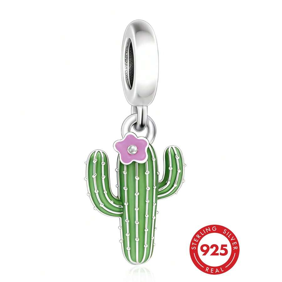 1pc Minimalist 925 Sterling Silver Cactus Shaped Pendant, Unisex Commemorative Birthday Gift - Silver - View 1