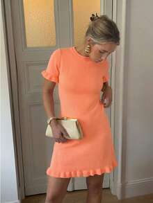 Women's Casual Solid Color Round Neck Ruffle Hem Short Sleeve Knit Dress, Suitable For Spring And Autumn Summer - Coral Orange - View 2