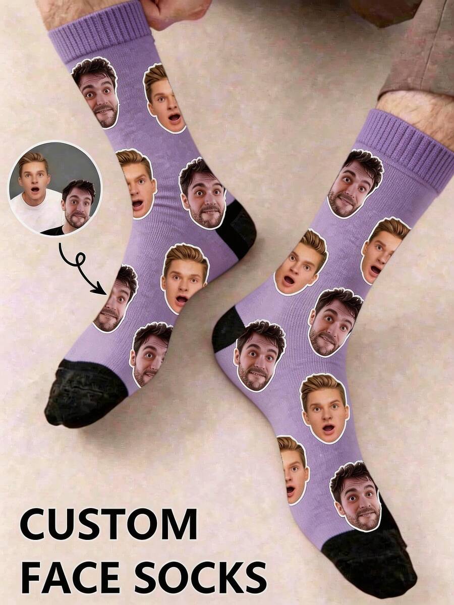 1 Pasang Kaos Kaki Foto Wajah Kustom DIY Kaos Kaki Lucu yang Dipersonalisasi Unisex Kaos Kaki Setengah Betis Hadiah Ulang Tahun Hari Ayah untuk Suami dan Istri - Mauve Purple - View 1