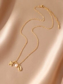 1 chiếc vòng cổ mặt dây chuyền hình ngọc trai nước ngọt, sao biển và vỏ sò bằng đồng thời trang, có thể điều chỉnh kích thước, thích hợp cho phụ nữ đi nghỉ mát ở bãi biển. - Vàng - Xem 3