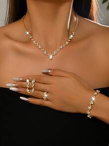 1 Set Women's Crystal Jewelry Set, Sparkling Floral V-Neck Necklace + Earrings + Bracelet + Ring, Copper Material With Rhinestones, Suitable For Evening Party, Wedding, Valentine's Day Gift - Gold - View 2