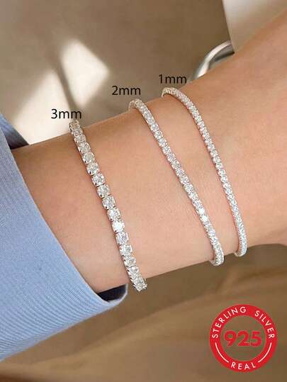 BALMORA 1 chiếc vòng tay bạc Sterling S925 tối giản, thanh lịch, hình học, đính đá Cubic Zirconia, phù hợp cho nữ giới đeo hàng ngày và trong các dịp lễ.