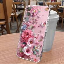 Funda de teléfono con flores de papel y mariposas rosas, adecuada como regalo de cumpleaños o Navidad para novia, hija, parejas, adolescentes - transparente - Ver 2