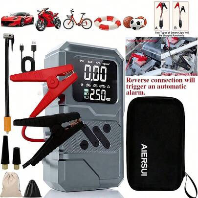 SUITU 汽车应急启动器带空气压缩机。轮胎充气泵带数字压力表和LED手电筒。汽车电池充电器，内置14.8V 1500mAh锂离子电池。适用于汽车、摩托车、自行车和篮球充气。汽车配件/礼品。