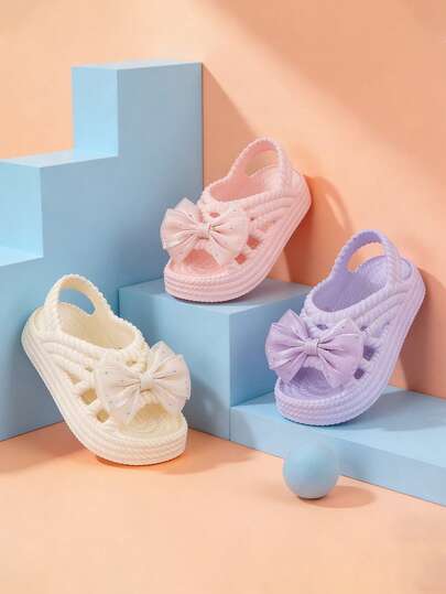 Toddler Girls' Bow Decor Sandals, EVA Soft Non-Slip Breathable Glitter Decoration Baby First Walking Shoes, Summer