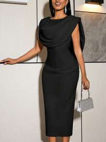 AOMEI Elegant Charming Black Slim Fit Midi Dress, With Draped High Neck Vest Design Fall Party - Black - View 6