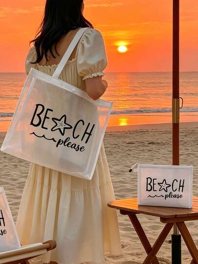 这款大容量网眼单肩包兼具便捷化妆包的功能，印有“Beach”字样，是一款便携式沙滩度假大容量手提包、网眼沙滩包、便携式透明网眼化妆包和收纳包，是理想的购物袋，适合男女、情侣、日常使用、约会、生日、情人节等场合。