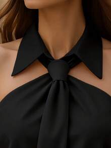 Atasan Camisole Tanpa Lengan dan Tanpa Punggung dengan Desain Putar Warna Polos untuk Wanita, Cocok untuk Pakaian Kantor atau Liburan, Warna Hitam Musim Panas - Hitam - View 4