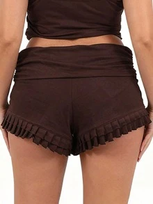 Women's Ruffle Plus Size Shorts Solid Color Fold Over Waist Summer Casual Beach Shorts - Marrón - Ver 3