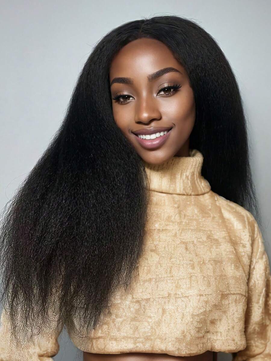 Yaki Kinky Straight Wig Long Black Wig For Women 24 Long Yaki Straight Hair Synthetic Lace Wig Suitable For Everyday Wear Yaki Straight Hair - 黑色 - 查看 1