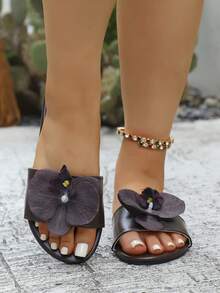 New Artificial Flower Design Open Toe Flat Sandals, Women Summer Fashion Flat Toe-Exposed Sandals - Coffee Brown - View 4