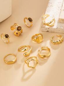 Set de 10 anillos ajustables de estilo retro irregular - Anillos de metal personalizados para dedos de mujer - Multicolor - Ver 5