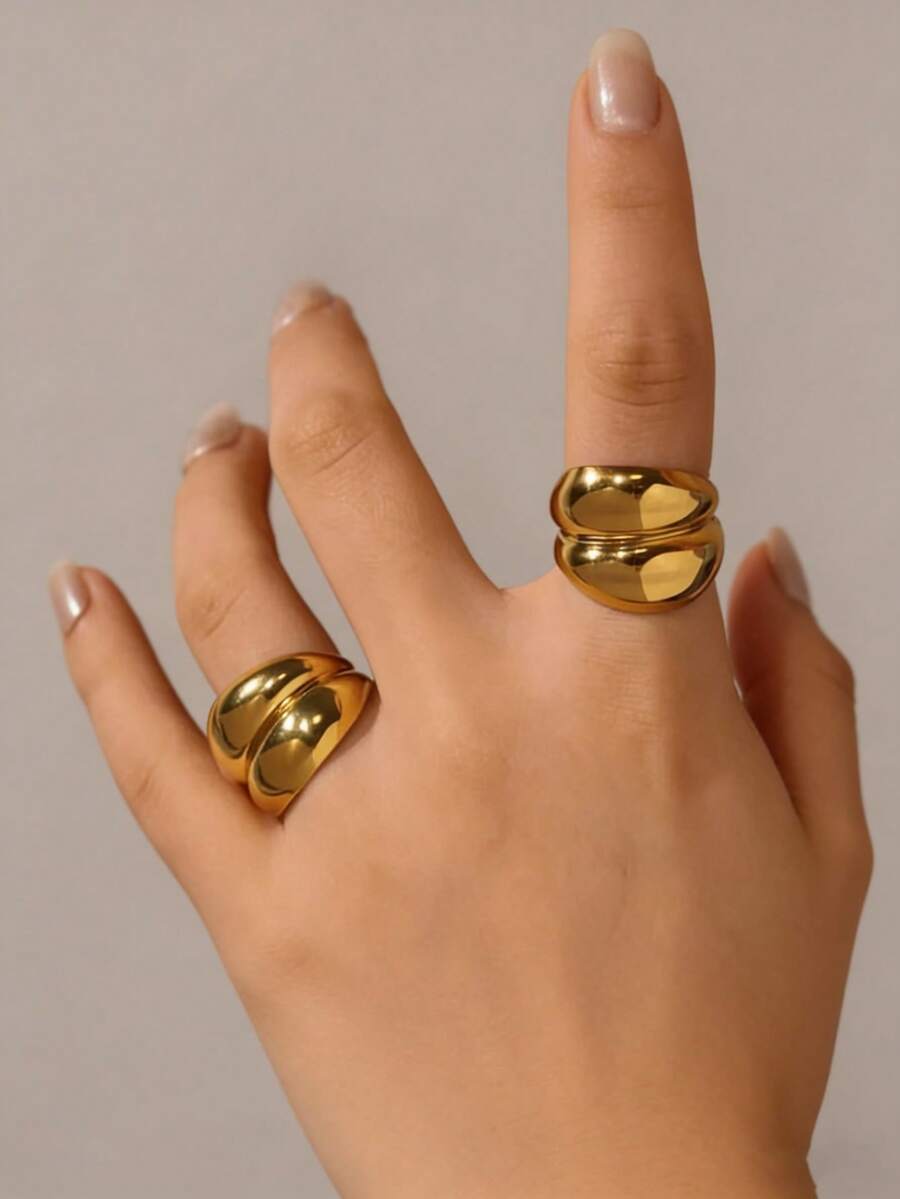 Uself 1pc Stainless Steel Geometric Double-Layer Ring, 18K Gold PVD Coating, Waterproof Texture, Fashionable Daily Jewelry For Women, Western Jewelry