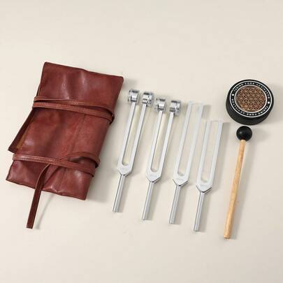 Set van 4 stemvorken van aluminiumlegering (128 Hz, 136,1 Hz, 256 Hz, 512 Hz) met houten hamer, poetsdoek, activator, afsteller en gebruikershandleiding, opgeborgen in een luxe leren etui. Ideaal voor yoga en geluidstherapie. Het perfecte cadeau voor vrouwen.