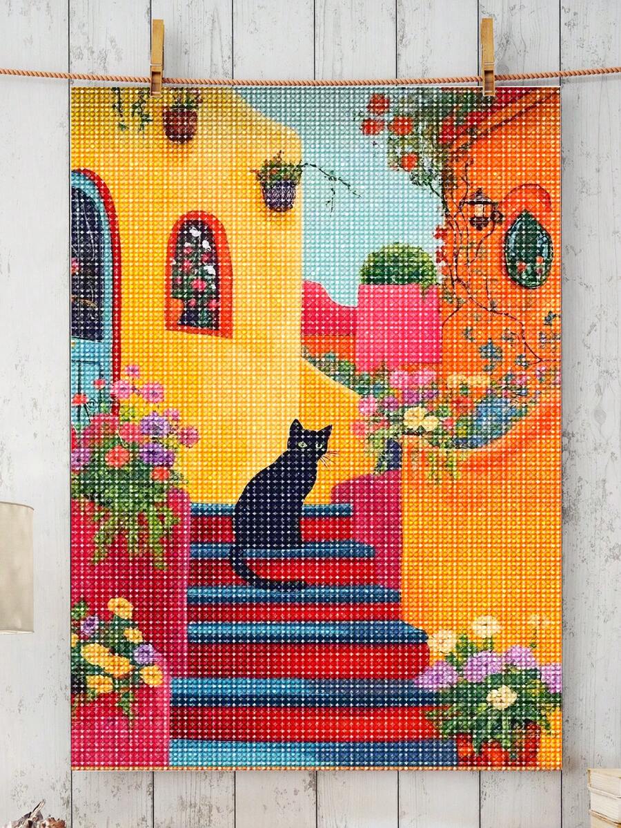 |5D DIY钻石画|多彩地中海小巷黑猫钻石画套装,充满活力的波西米亚风海滨小镇,彩虹楼梯,一只黑猫在盛开的花朵中休憩,充满奇思妙想的欢快墙面装饰。成人DIY钻石画套装,创作独一无二的墙面艺术,享受轻松的动手乐趣,是送给朋友和手工爱好者的完美礼物。 - 無框 - 查看 1