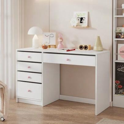 Desk, Minimalist Desk, Classic Computer Desk/Chest Of Drawers With 5 Storage Drawers, Pink Ceramic Handle, Suitable For All Ages, White, 120*45*74 Cm