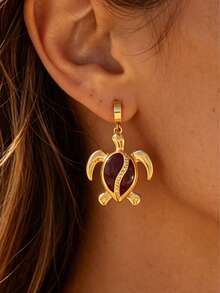 18K Gold Plated Enamel Sea Turtle Drop Earrings, Bohemian Style Gold Summer Beach Vacation Accessories, Stainless Steel Waterproof Beach Earrings (Multiple Enamel Colors Available) - Gold - View 13