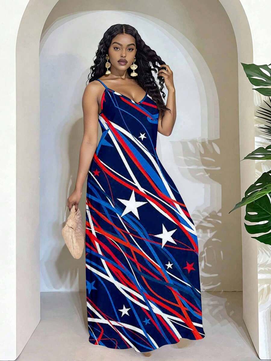 Patriotic Stars And Stripes Maxi Dress Women Summer Long Sleeveless V Neck Party Dress For Independence Day Celebration Fourth Of July EventSuitable For Casual Occasions - 白色 - 查看 1