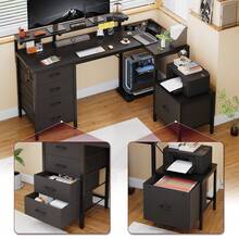 Devoko L-Shaped Corner Desk, Height-Adjustable Monitor Stand + 2 USB Ports + 2 Power Outlets + 5 Drawers, With Storage Space For PC Mount And Printer, Gaming Desk With LED Lighting, Black - 查看 4