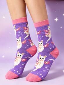 1 Pair Women's Casual Versatile Cat Wing Design Mid-Calf Socks - Pink - View 4