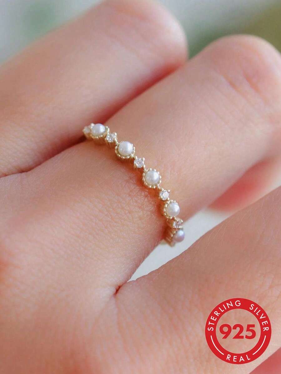 BALMORA 1pc Simple S925 Sterling Silver Pearl Ring For Women, With Small Cubic Zirconia And Gold-Plated Design, Exquisite Japanese Minimalist Style Index Or Ring Finger Jewelry