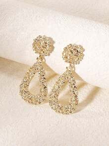 1pair European And American Vintage Alloy Teardrop Shaped Earrings With Geometric Texture Detail For Women, Gift For Festival - 黃金 - 查看 7