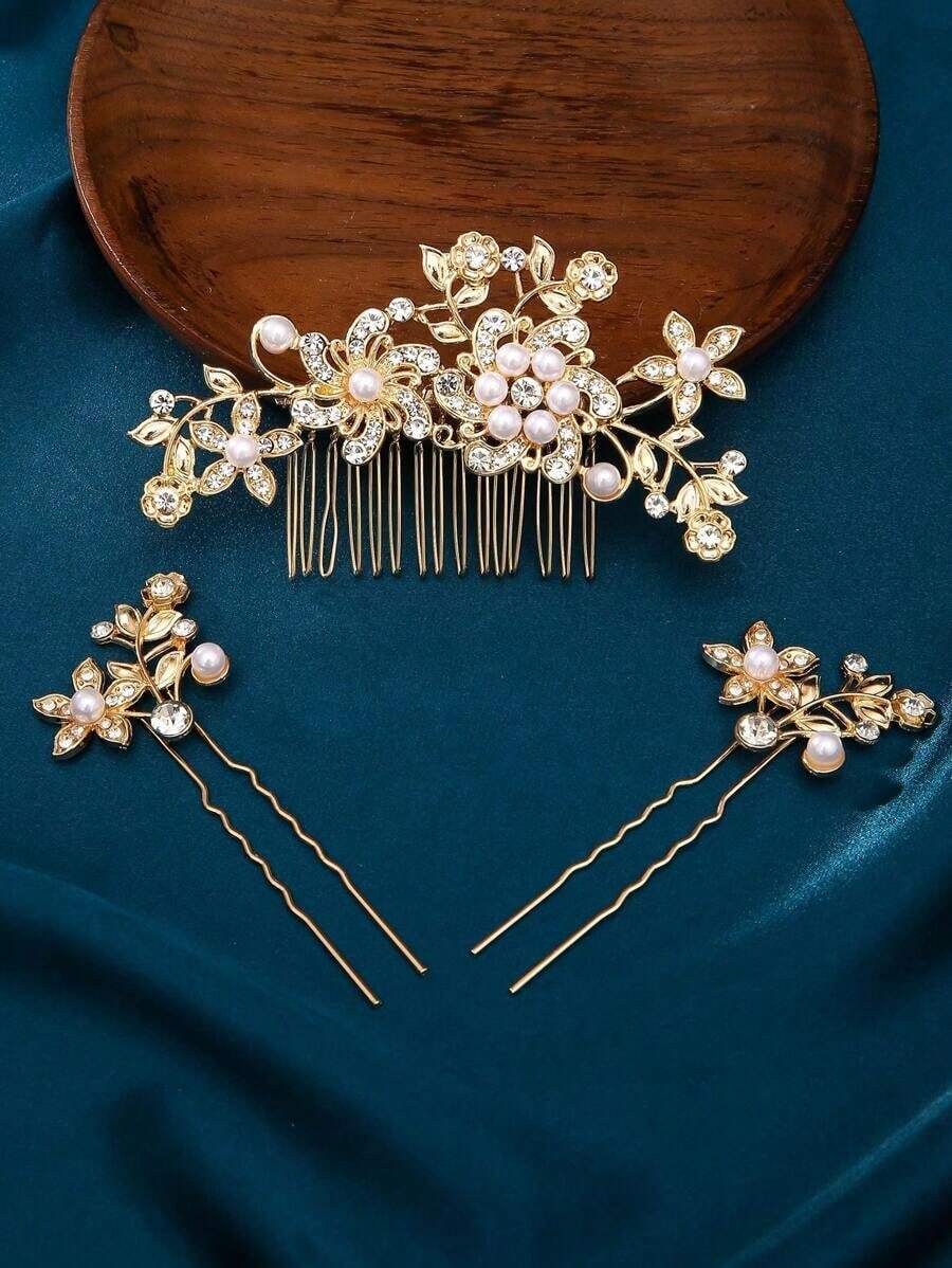 1 Set (3pcs) Gold Color Princess Hair Combs & Bun Accessories, Fashion Elegant Faux Pearl & Plum Blossom Design, For Brides Valentine's Day Accessories,Wedding Hair Accessories - 金子 - 查看 1