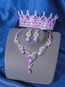 Bộ 4 món trang sức vương miện pha lê Baroque sang trọng và tinh tế, kèm bông tai, phụ kiện đội đầu cô dâu trong đám cưới, quà tặng cho phụ nữ dự tiệc, vòng cổ và bông tai hình vương miện. - Nhiều màu - Xem 6