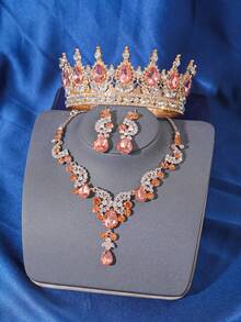 Bộ 4 món trang sức vương miện pha lê Baroque sang trọng và tinh tế, kèm bông tai, phụ kiện đội đầu cô dâu trong đám cưới, quà tặng cho phụ nữ dự tiệc, vòng cổ và bông tai hình vương miện. - Nhiều màu - Xem 11