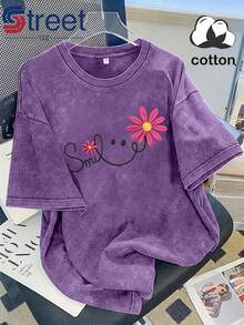 Women's Vintage Washed Cotton T-Shirt, New Summer Style, American-Style Floral  Face Print Comfortable And Fashionable, Versatile For Commuting - 藍色 - 查看 8