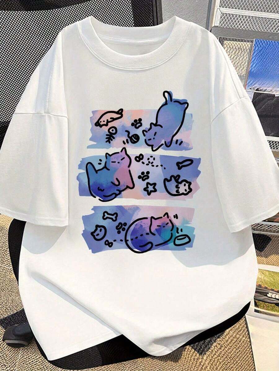 1 Stück Vintage Herren Sommer Casual Baumwoll T-Shirt, Katzen Muster, Kurzarm, Rundhalsausschnitt, Strickstoff, Teenager Mode T-Shirt, weich, hautfreundlich, bequem, unisex Oberteil für den Sommer - Weiss - Übersicht 1