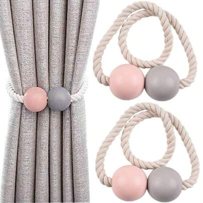 Curtain Tiebacks - Set Of 2 Magnetic Curtain Holders - Magnetic Curtain Accessories - Curtain Decor - No Drilling Required - Woven Wood Ring Design - Suitable For Homes, Living Rooms, Bedrooms, Offices, And Hotels