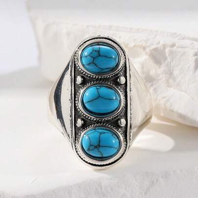 Fashionable Bohemian Style Synthetic Oval Turquoise Ring For Women - Ideal Accessory For Festivals And Parties, A Great Gift For Her