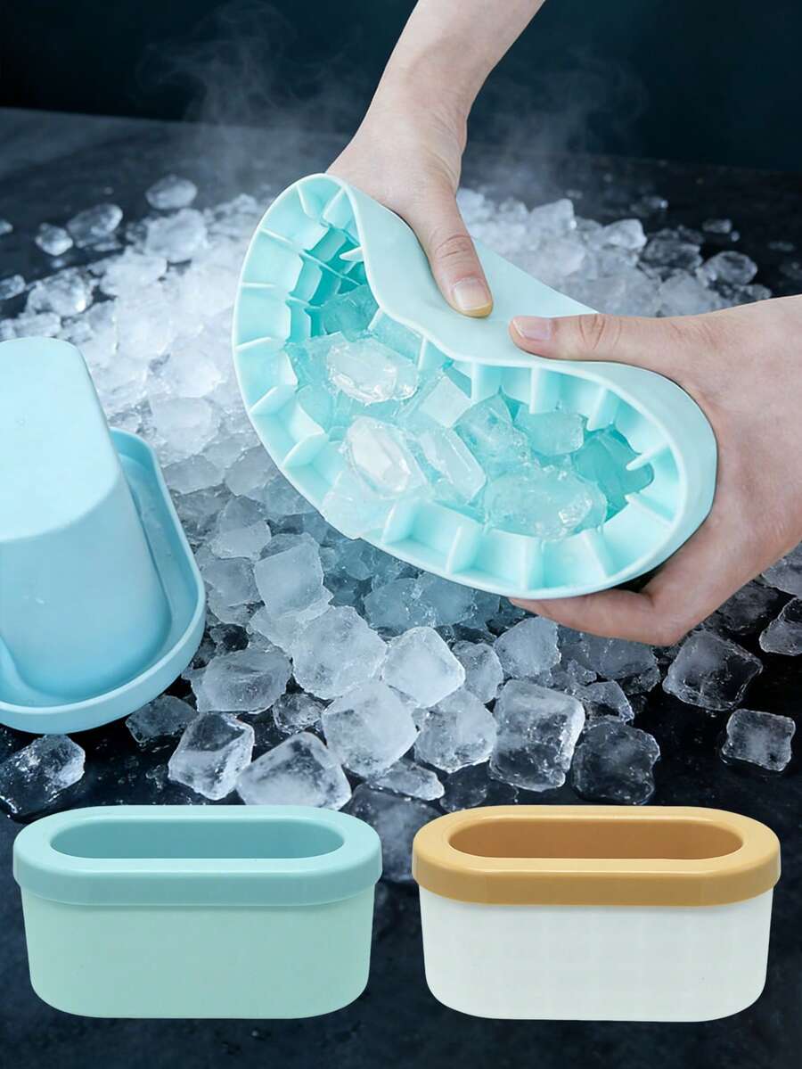 1个便携式圆柱形3D冰模，易脱模硅胶托盘，挤压式制冰器，带硅胶冰桶盖，适用于冰箱、户外迷你冰箱、车载冰箱、家用冰箱，创意迷你冰桶，硅胶碎冰圆柱模具 - 彩色 - 查看 1