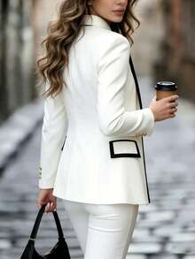 Plus Size New Casual Chic Button Contrast Color Lapel Double-Breasted Blazer White - White - View 6