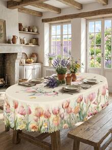 1pc Elegant Tulip & Floral Print Tablecloth, Durable Polyester Tablecloth With Ruffled Edges, Stain-Resistant Waterproof Washable Wrinkle-Free Table Cover, Suitable For Various Occasions Like Spring Holidays, Thanksgiving Dinner, Patio Parties, Home Decor, Essential Dining Table And Kitchen Dining Accessory, Home Decor Tablecloth, Wedding Tablecloth, Wedding Table Decor, Room Decor, Vintage Decor - Black - View 23