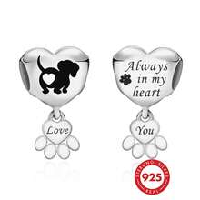 Bộ 1 mặt dây chuyền hình trái tim chó Dachshund bằng bạc Sterling 925, kèm mặt dây chuyền in hình dấu chân "Love You", trang sức thú cưng unisex, quà tặng tự làm. - Bạc - Xem 1
