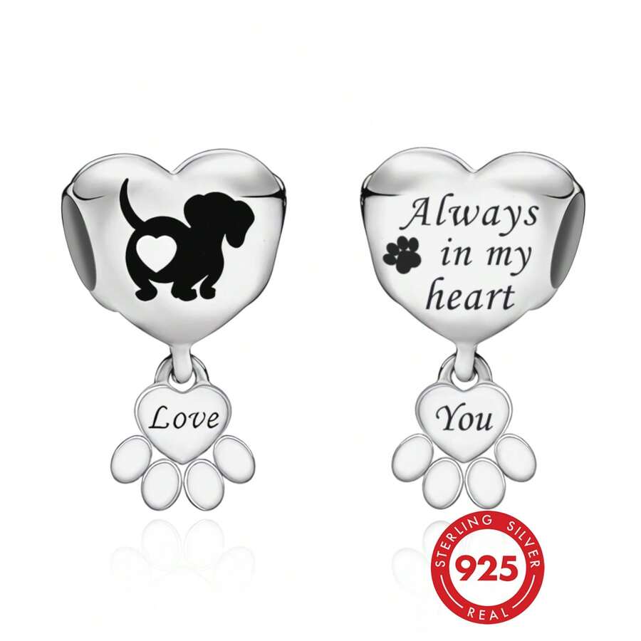 Bộ 1 mặt dây chuyền hình trái tim chó Dachshund bằng bạc Sterling 925, kèm mặt dây chuyền in hình dấu chân "Love You", trang sức thú cưng unisex, quà tặng tự làm. - Bạc - Xem 1
