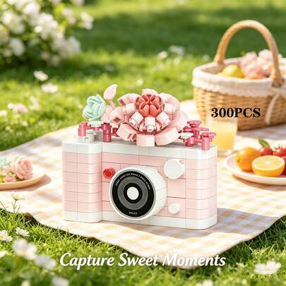 300+Pcs Mini Cute Floral Camera Simulation Building Blocks - Valentine's Day Gift, Healing Camera Flower Bouquet, Vintage Camera Assembly Decor, Holiday & Birthday Gift