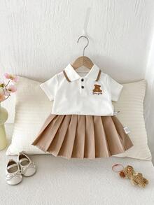 Baby Girl Cartoon POLO T-Shirt & Pleated Skirt 2pcs Set, School Season - Multicolor - View 4