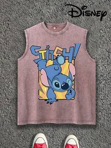 Disney Lilo & Stitch Winking Stitch Graphic Sleeveless T-Shirt, Vintage Washed Muscle Tank Top, Stitch Fans Gift Casual Top For Men/Women - Bụi hồng - Xem 1