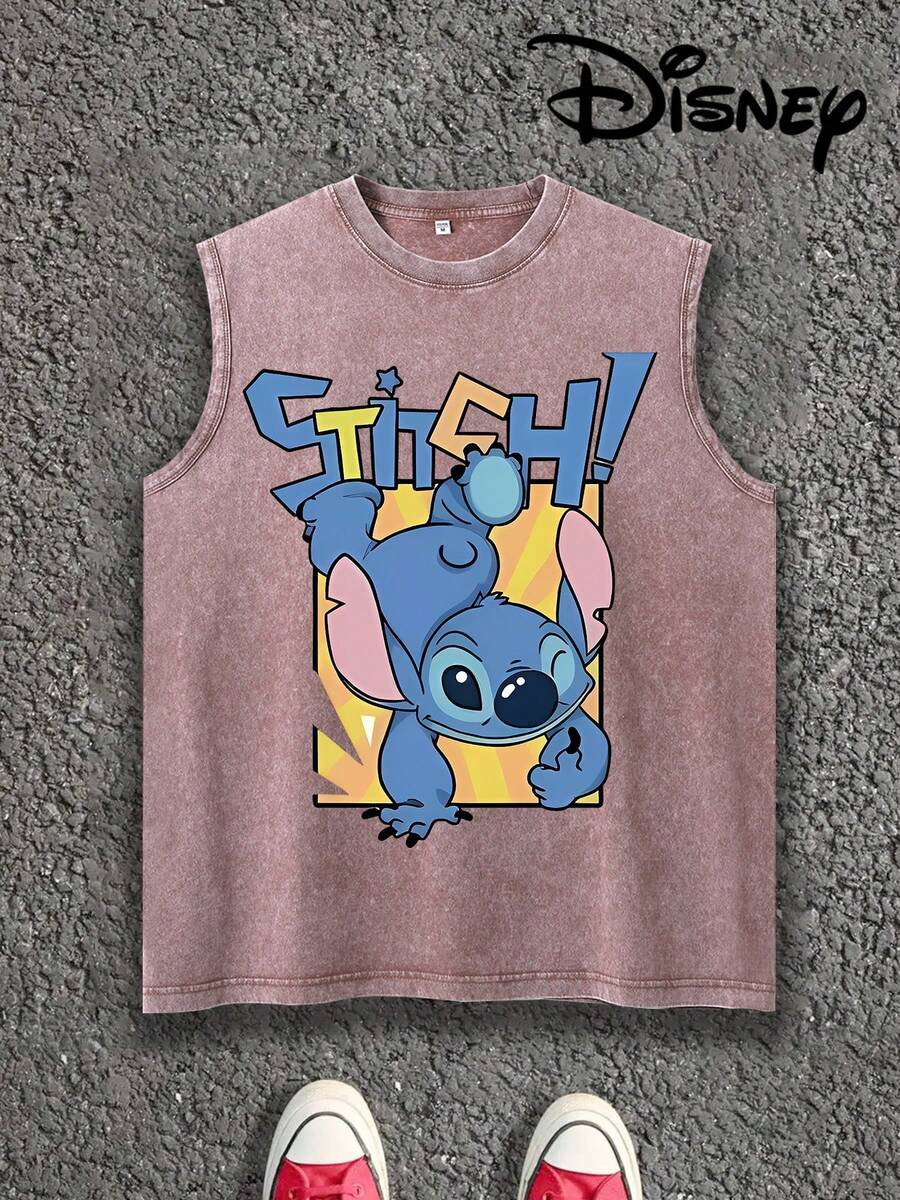 Disney Lilo & Stitch Winking Stitch Graphic Sleeveless T-Shirt, Vintage Washed Muscle Tank Top, Stitch Fans Gift Casual Top For Men/Women - Bụi hồng - Xem 1
