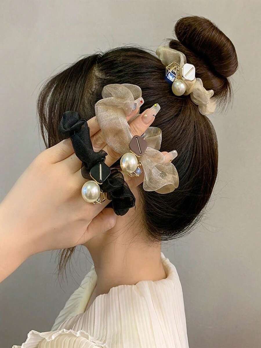 1/3 Sets Of Pearl Rhinestone Mesh Hair Ties, Multifunctional Elastic Hair Ties, Random Colors, Spring And Summer Ponytail Hair Ties, Hair Ropes, Hair Ropes, Beauty Home Hair Accessories,Festival,Party