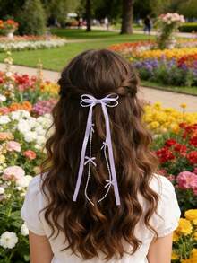2 pièces Nœuds de cheveux violets avec chaîne de perles pour femmes. Pinces alligator élégantes pour mariage/vacances. Cadeau de fête des mères. Barrettes délicates pour épingles à cheveux quotidiennes. Accessoires de cheveux pour femmes, festivals, fêtes - Violet - Voir 2