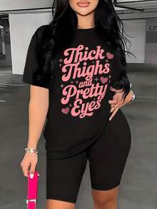 Elegant Women's Outfits, Plus-Size Women's Clothing Set, Thick Legs And Beautiful Eyes, Black Round Neck, Casual Sporty, Machine Washable, Suitable For All Seasons, 2-Piece Sets For Women - 黑色 - 查看 1