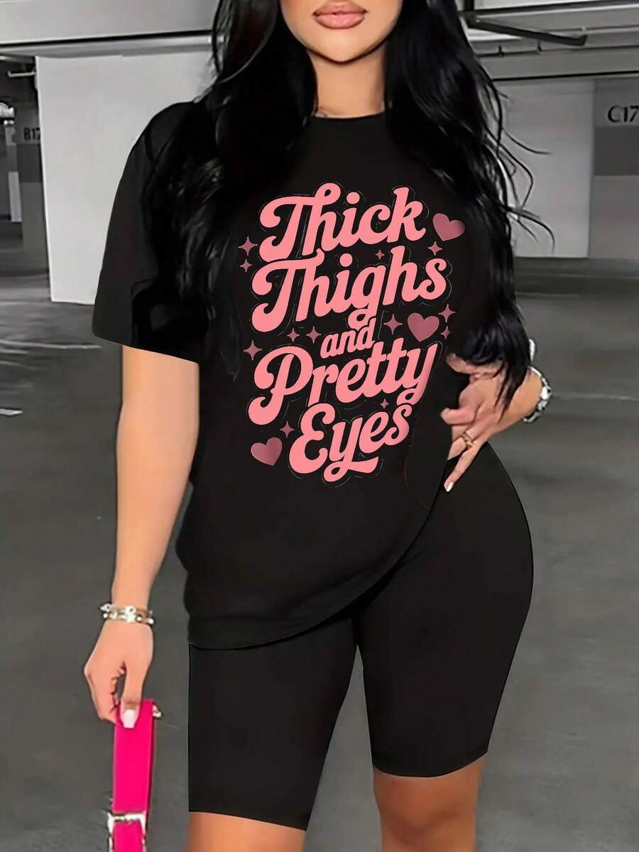 Elegant Women's Outfits, Plus-Size Women's Clothing Set, Thick Legs And Beautiful Eyes, Black Round Neck, Casual Sporty, Machine Washable, Suitable For All Seasons, 2-Piece Sets For Women - 黑色 - 查看 1