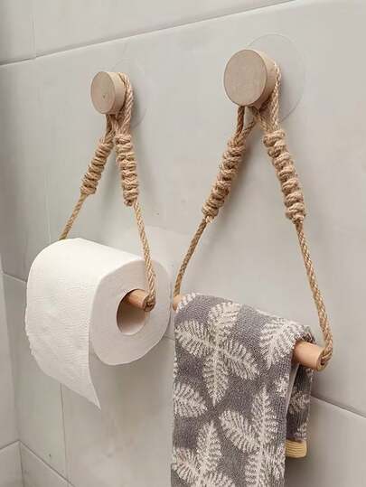 1个创意黄麻绳浴室毛巾架，复古风格黄麻绳木杆卫生纸架，适用于民宿和酒店，手工制作卫生纸架