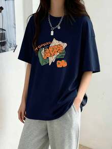 日系女式宽松街头风圆领柿子印花短袖T恤，夏季 - 藏蓝色 - 查看 1