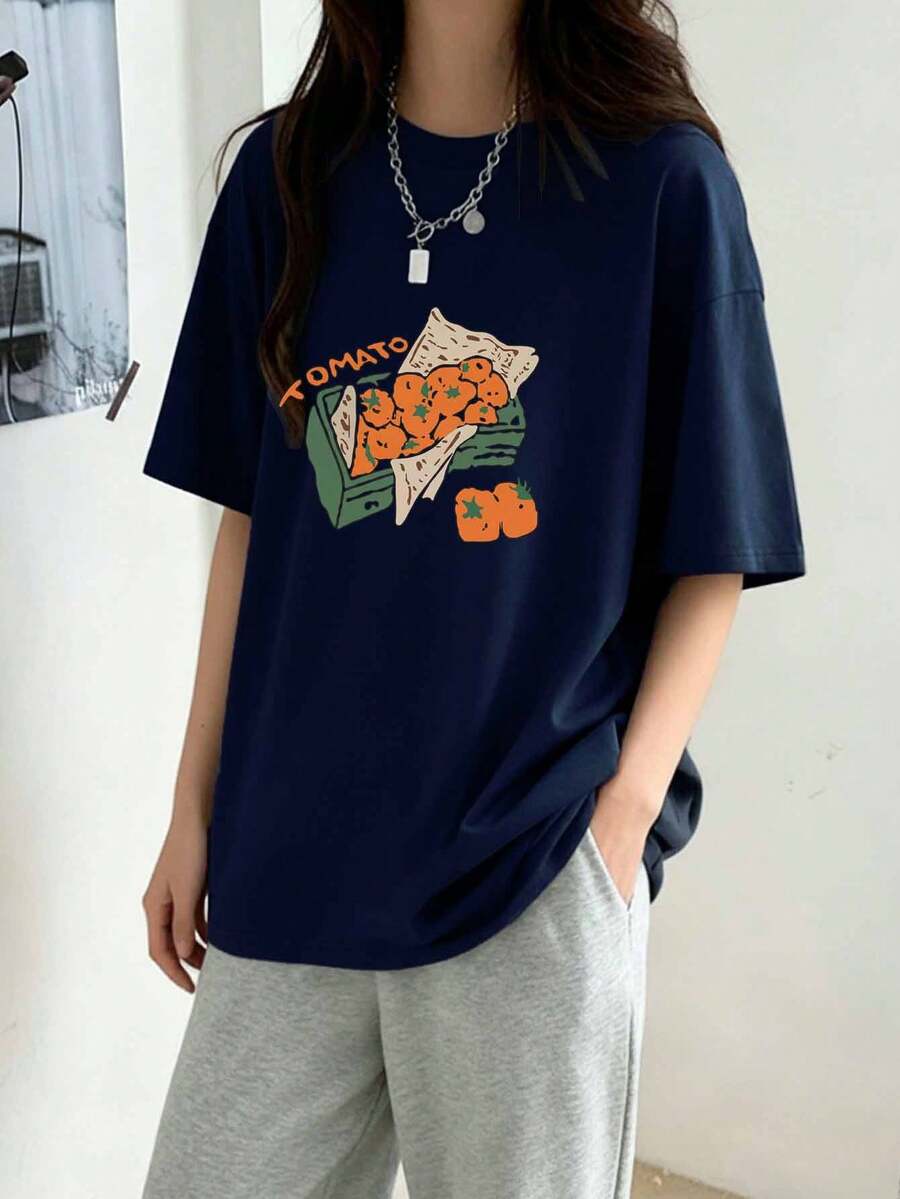 日系女式宽松街头风圆领柿子印花短袖T恤，夏季 - 藏蓝色 - 查看 1